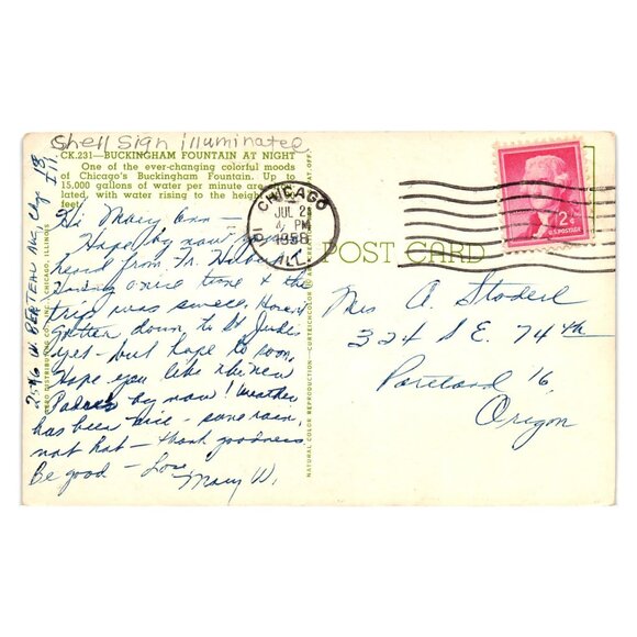 Buckingham Fountain Night Illuminated Postcard 1958 Vintage Chicago Skyline - Picture 2 of 2